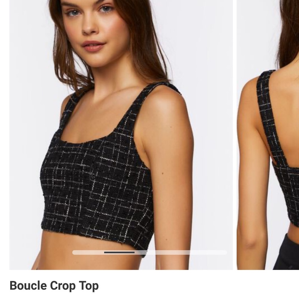 Crop top giving clueless vibes. Tweed with glimpse of metallic. Back zipper